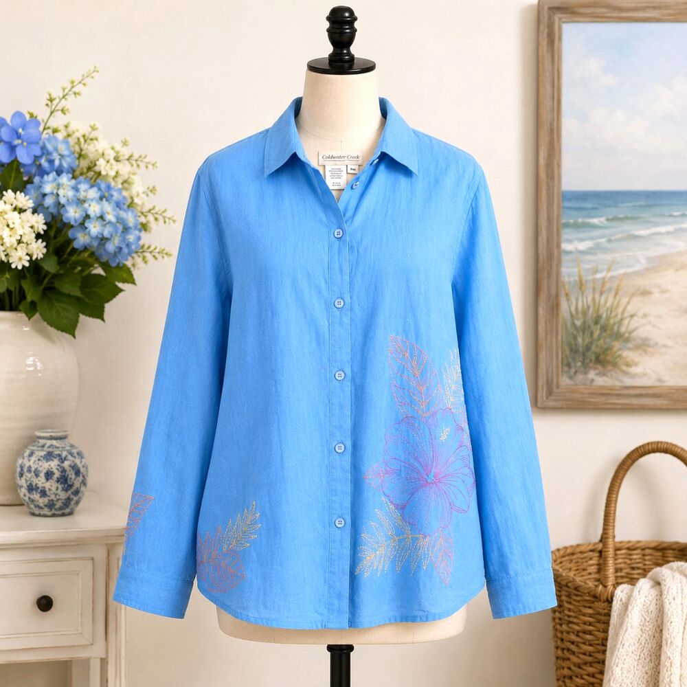 Coldwater Creek Aqua Blue Embroidered Linen Blend Top Size XL Floral 50" Bust